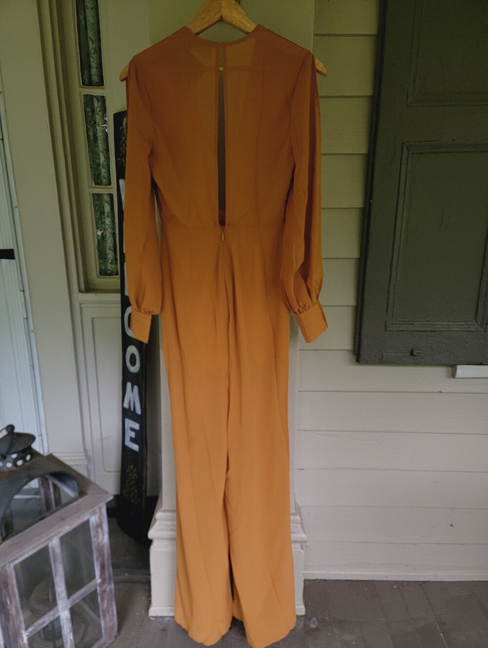 Nasty Gal Split Decision Plunging Mustard Color Poly Crepe Jumpsuit Open Sleeve - Picture 12 of 16